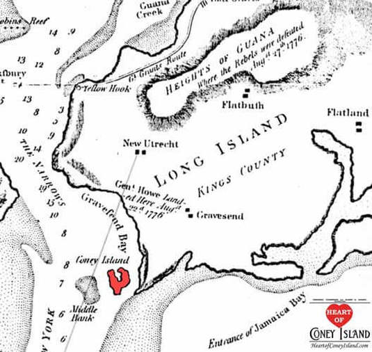 Historical map of Coney Island in 1780s as an actual island