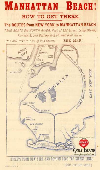 Brooklyn map showing train to Coney Island and Manhattan Beach in 1880s