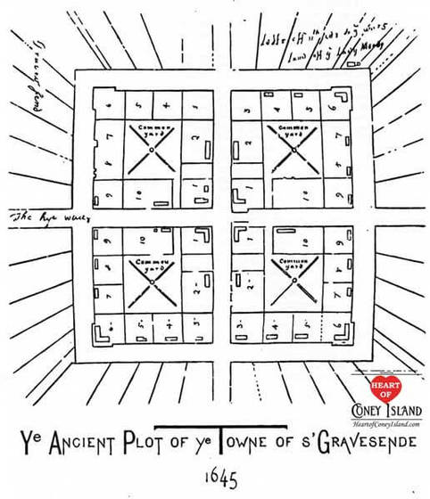 Map of Gravesend from 1645 showing how Lady Moody arranged the residences of her roughly 40 followers
