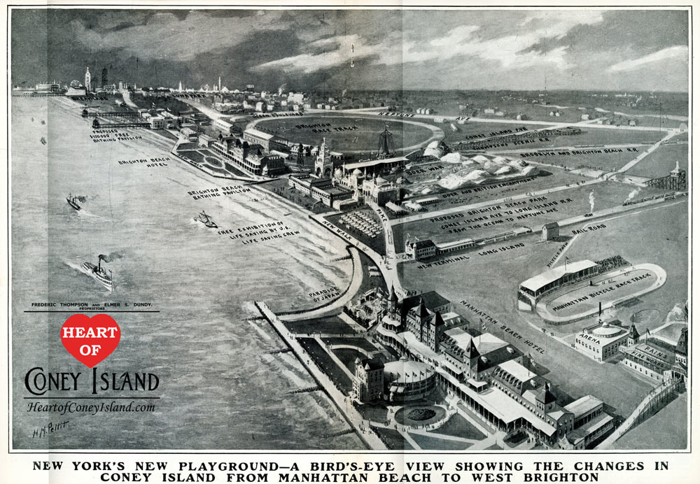 Historical map of Coney Island 1905 bird's eye view of Manhattan Beach, Brighton Beach, Luna Park and Dreamland